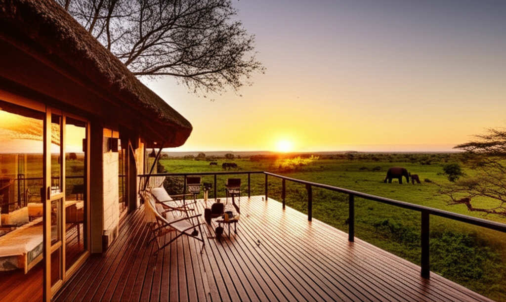 Luxury safari lodge at sunset